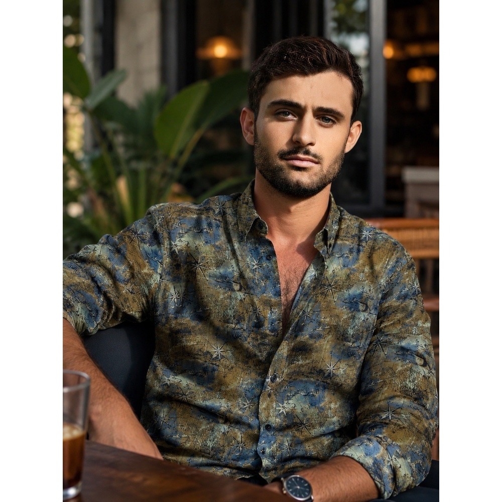Boho  Roudtree  & yorke men shirt L Button Down LS map Compass Sailboats Indie